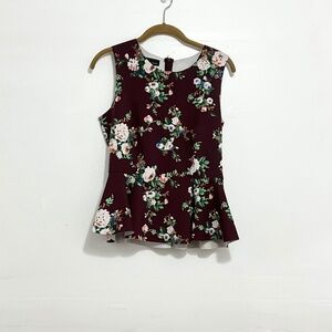 METAPHOR Junior’s Sleeveless Peplum Blouse Stretch Maroon Floral Back Zip Medium